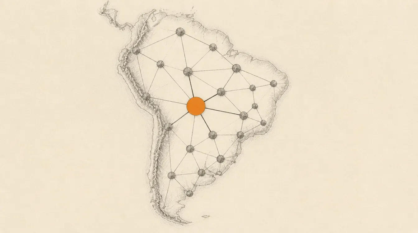 Mapa conceptual en grafito con nodos de agencias y un nodo naranja destacado en el centro