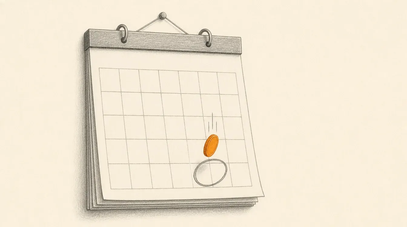 Dos fechas marcadas en un calendario de grafito, una genérica y una en naranja sólido más adelante en el mes, con una moneda cayendo sobre la segunda