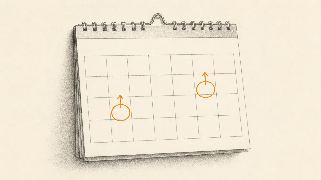 A graphite calendar with two dates marked in solid orange, June 30 and December 18, with an arrow rising from each one