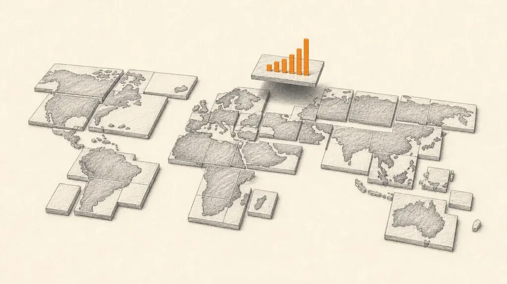 Editorial graphite illustration of a world map broken into separate country tiles in grey, with one tile raised and its bar chart highlighted in solid orange