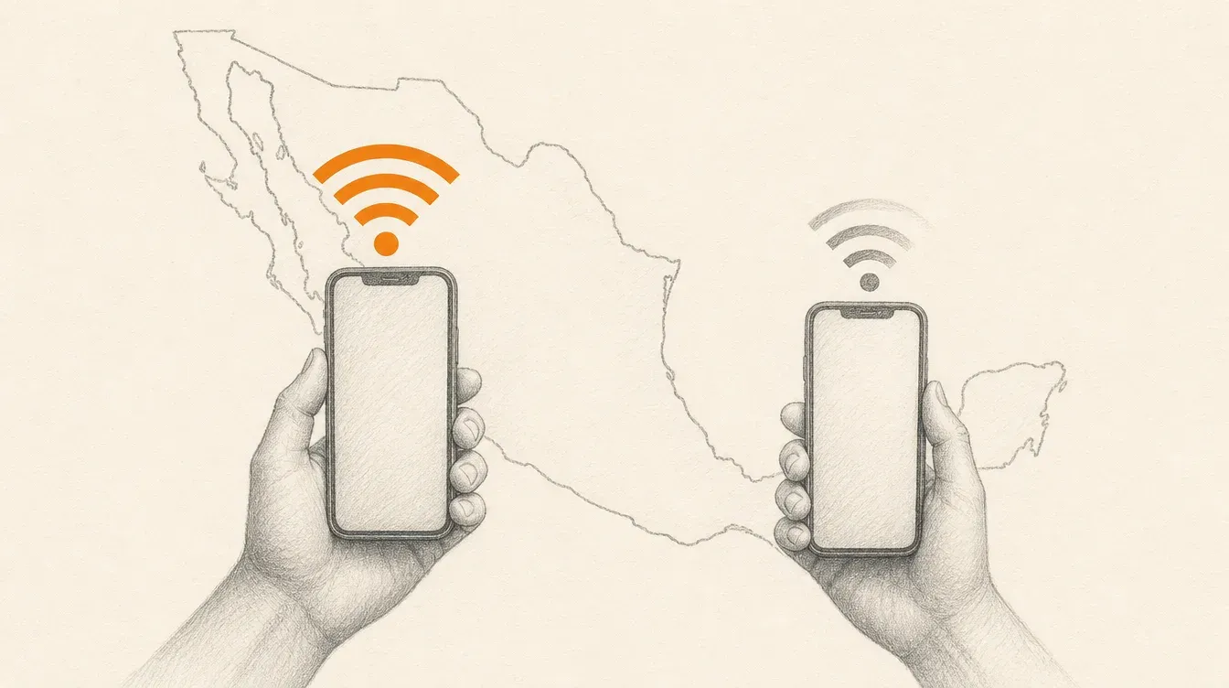 A simplified graphite outline of Mexico with two hands holding a phone, a full solid orange wifi signal over one and a weak signal over the other