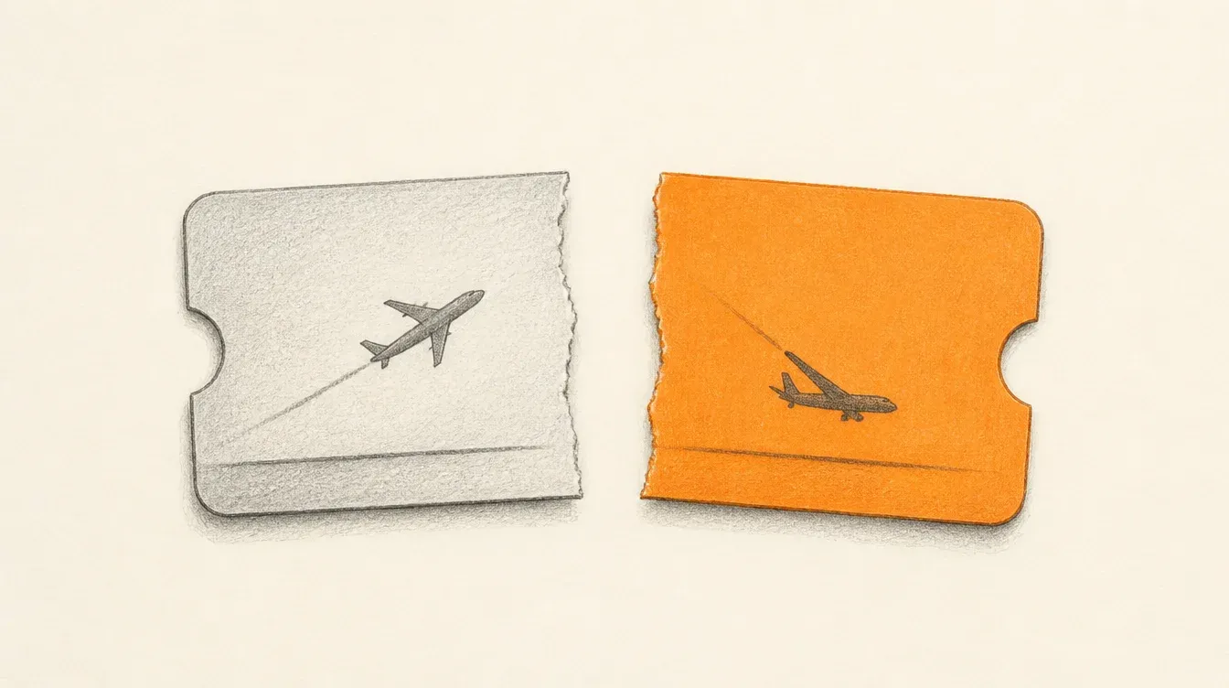Dos mitades de un boarding pass rasgado por la mitad, cada una con el icono de un avión: la izquierda en gris con el avión subiendo, la derecha en naranja sólido con el avión descendiendo
