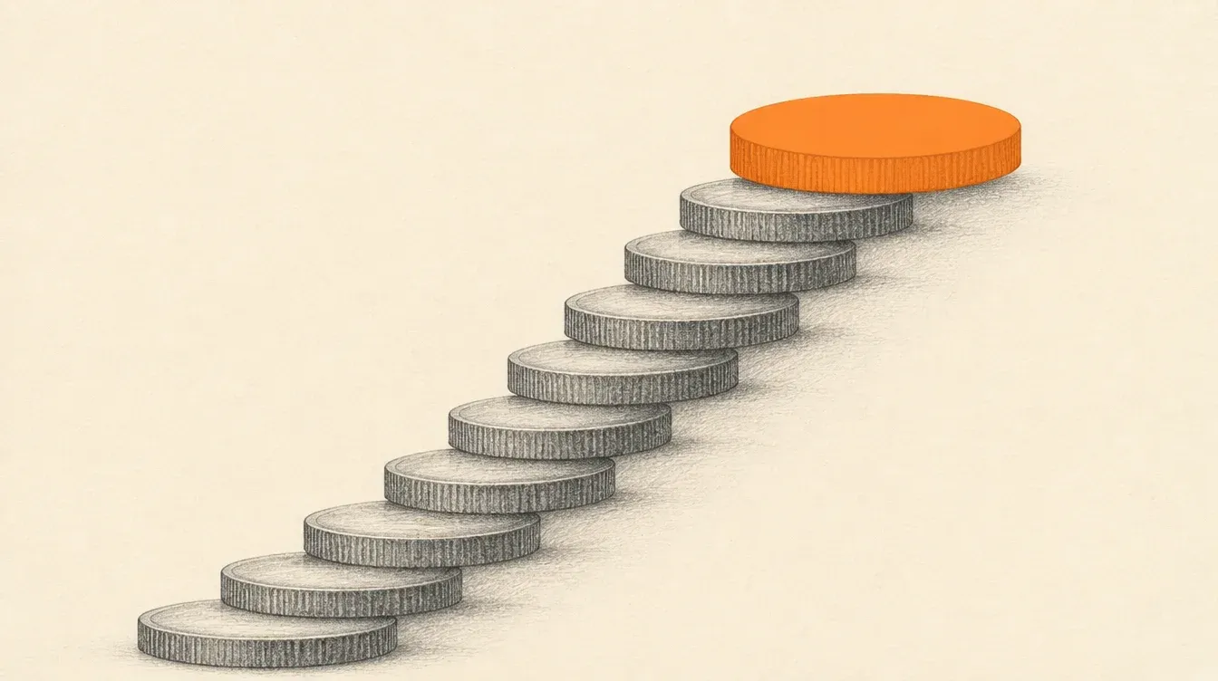 Una escalera de monedas grises que sube en escalones parejos, con una sola moneda naranja mucho más grande apoyada en el escalón más alto