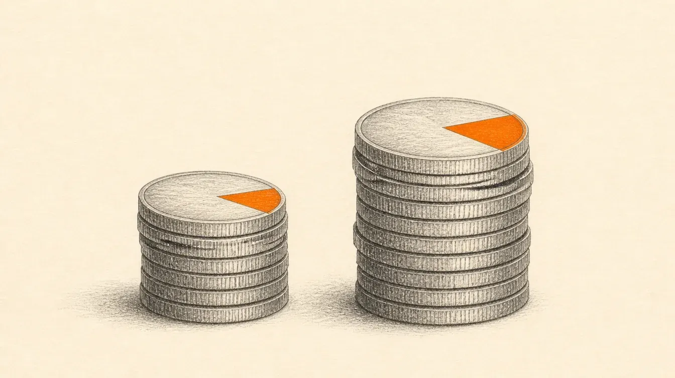 Dos pilas de monedas en grafito, la de la derecha más alta que la de la izquierda, cada una con una cuña sólida en naranja cortada en la moneda superior, la cuña de la derecha más grande que la de la izquierda