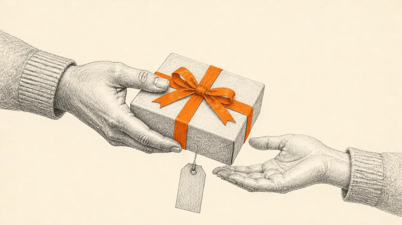 Dos manos en grafito intercambiando una caja de regalo con un moño de cinta naranja sólido y una etiqueta de precio colgando