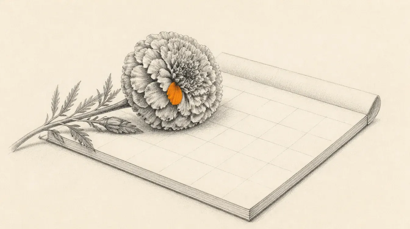 Una flor de cempasúchil en grafito sobre una página de calendario en blanco, con un solo pétalo en naranja sólido