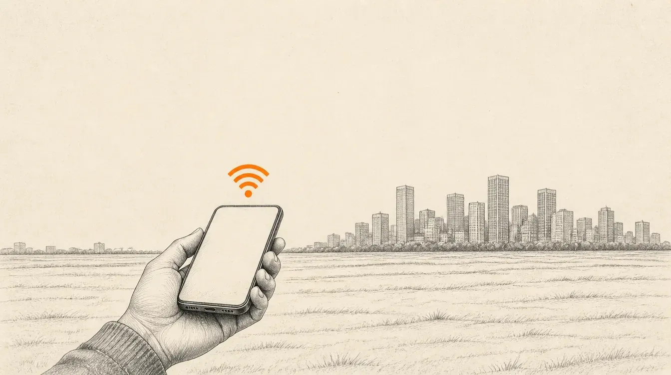 A hand in graphite holding a phone with a signal wave in flat solid orange, a faint city skyline behind it