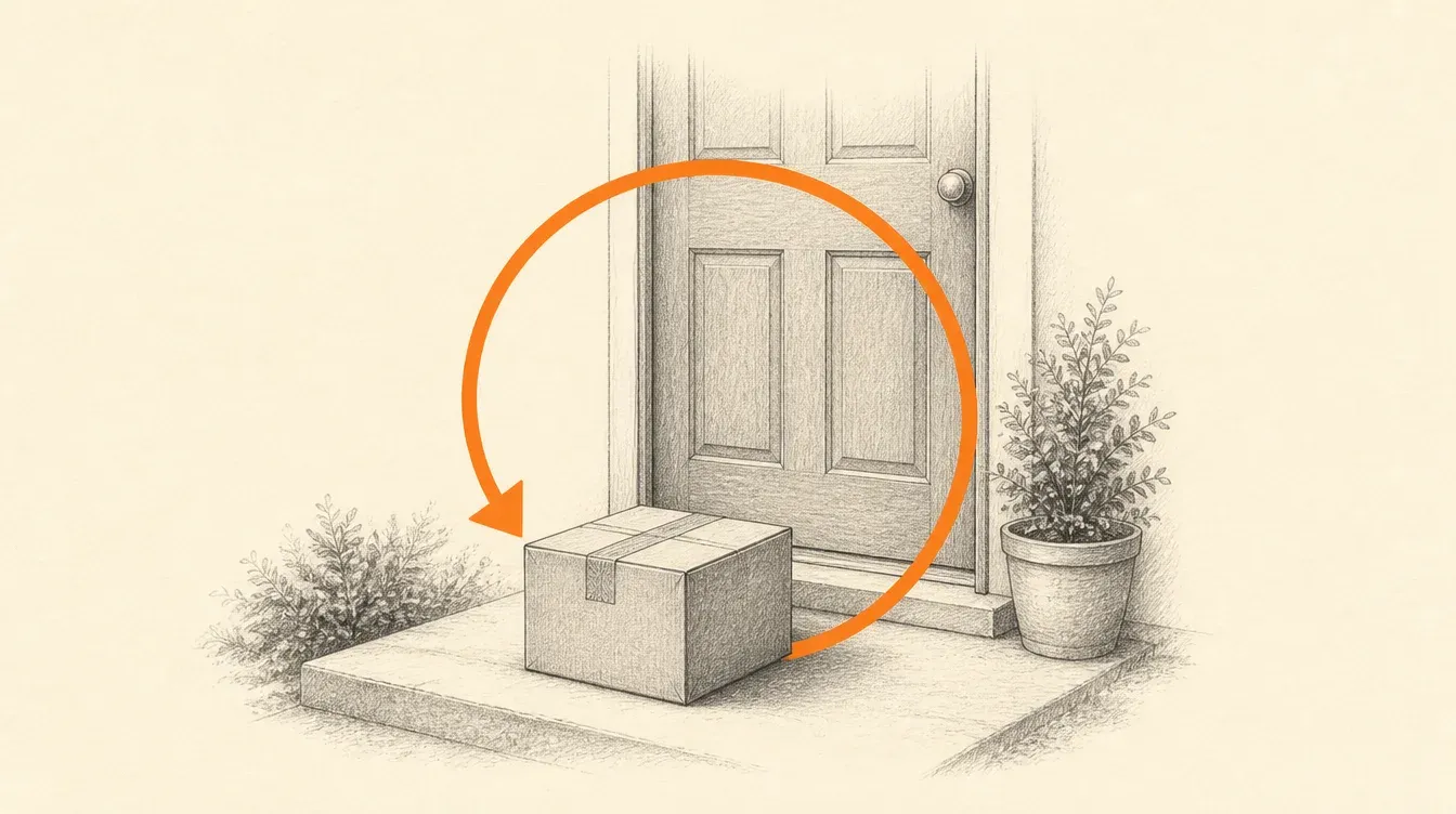 Una caja de cartón frente a una puerta cerrada, con una flecha circular en naranja sólido que vuelve de la puerta a la caja