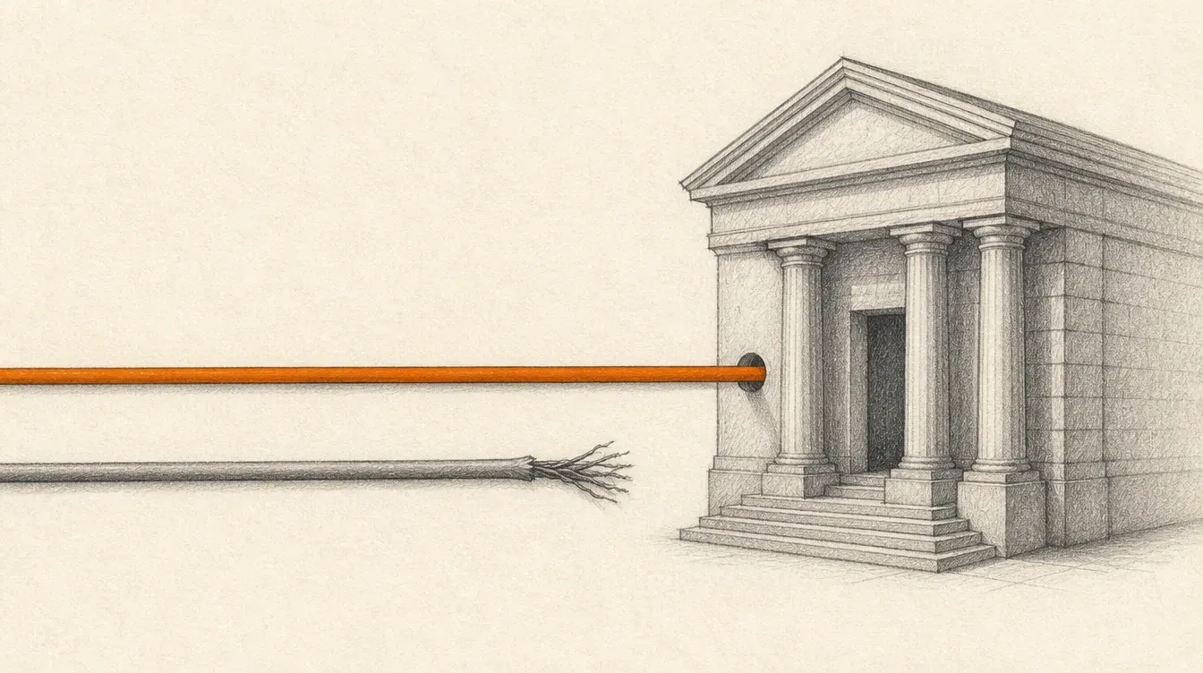 Una ilustración en grafito de dos cables paralelos que buscan conectarse a un edificio de banco, uno conectando en naranja sólido y el otro deshilachado y desconectado