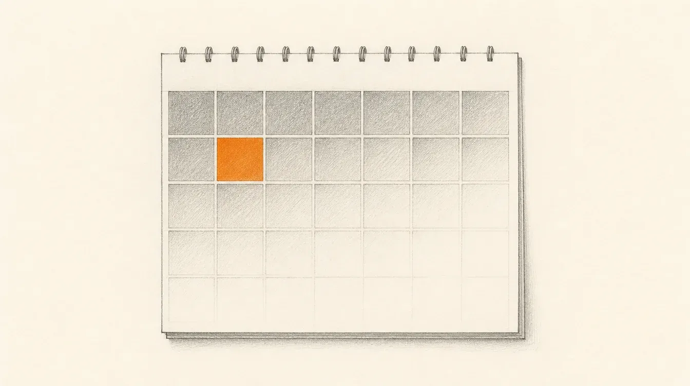 Un calendario en grafito con un día marcado en naranja sólido y las semanas siguientes cada vez más difusas, como si su contenido se hubiera vaciado hacia ese día