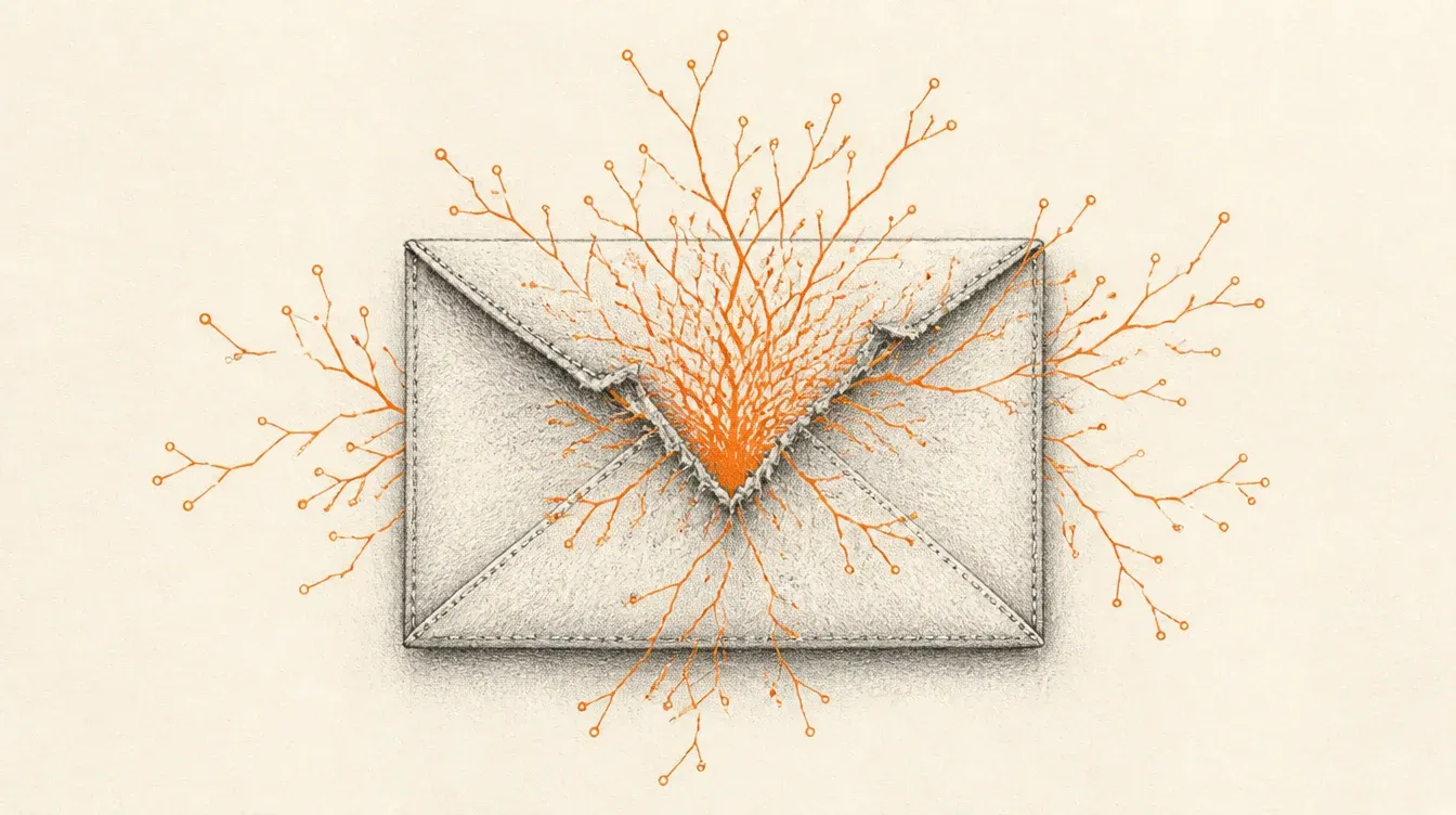 Un sobre de correo en grafito, tensado en las costuras, con una red de líneas ramificadas en naranja sólido saliendo desde adentro