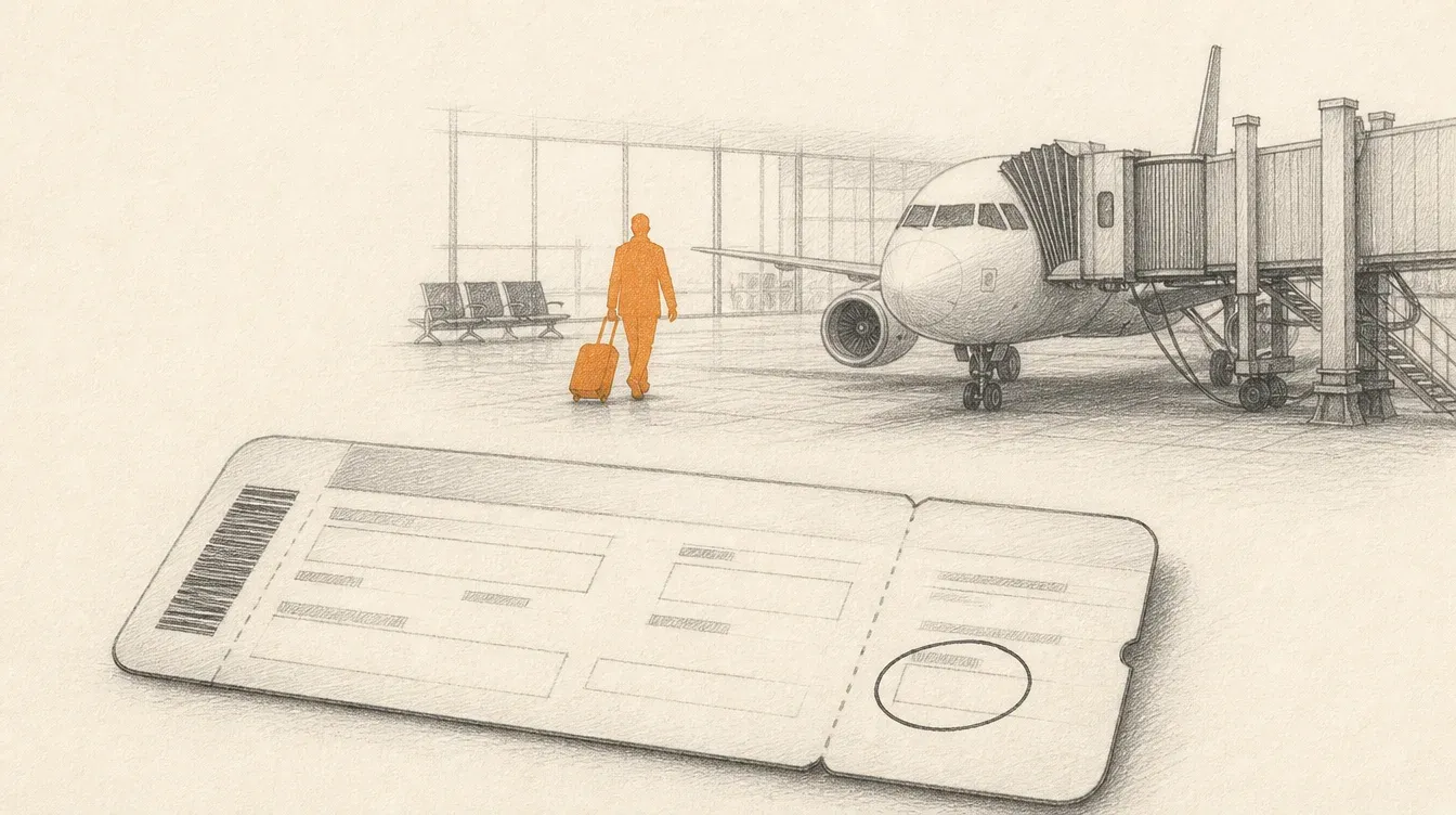 Un boarding pass en grafito con un asiento de avión marcado, y una silueta de persona en naranja sólido alejándose de la puerta de embarque