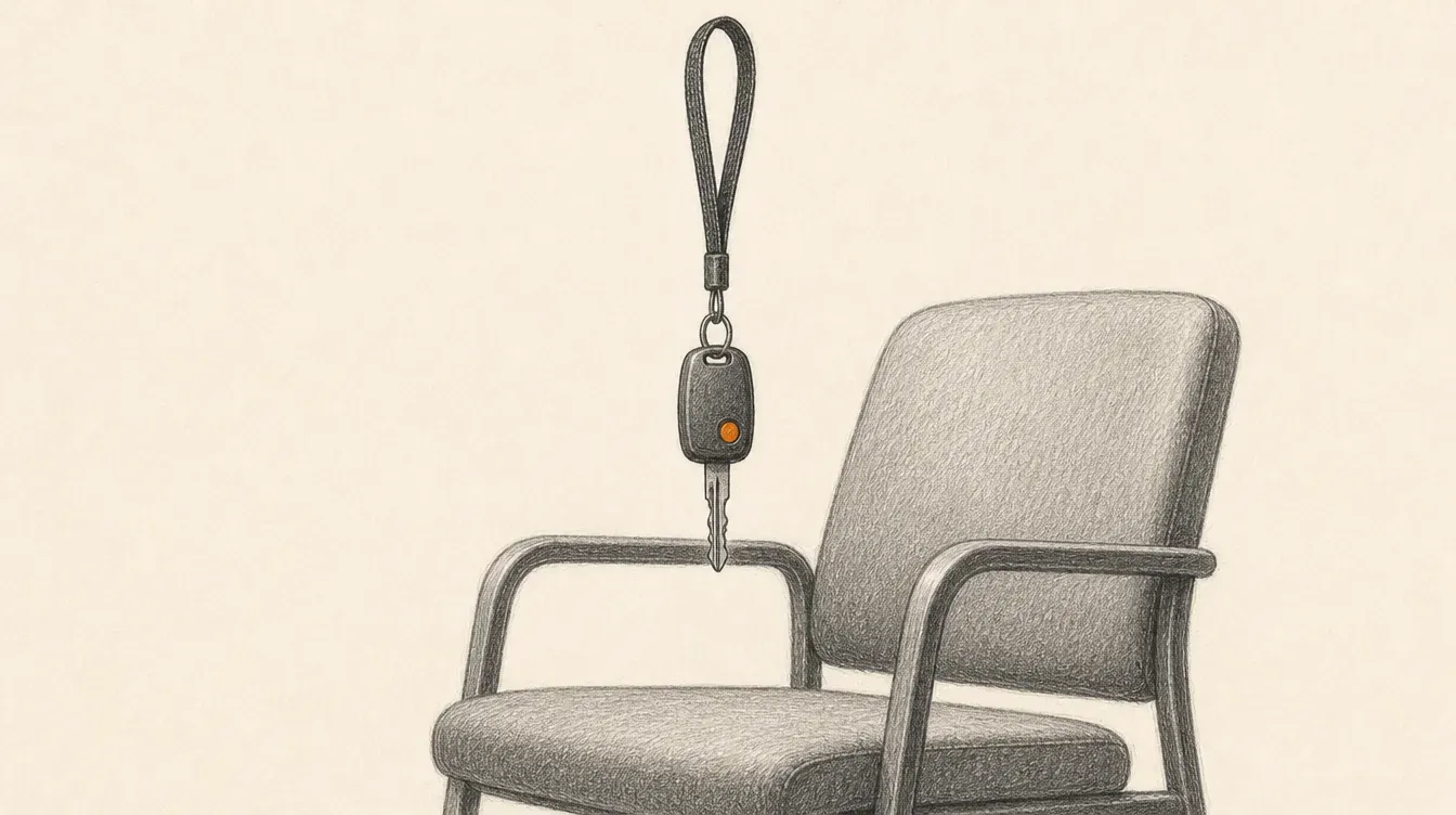 Una llave de auto en grafito suspendida sobre una silla vacía de sala de espera de taller, con una sola luz de notificación encendida en naranja sólido