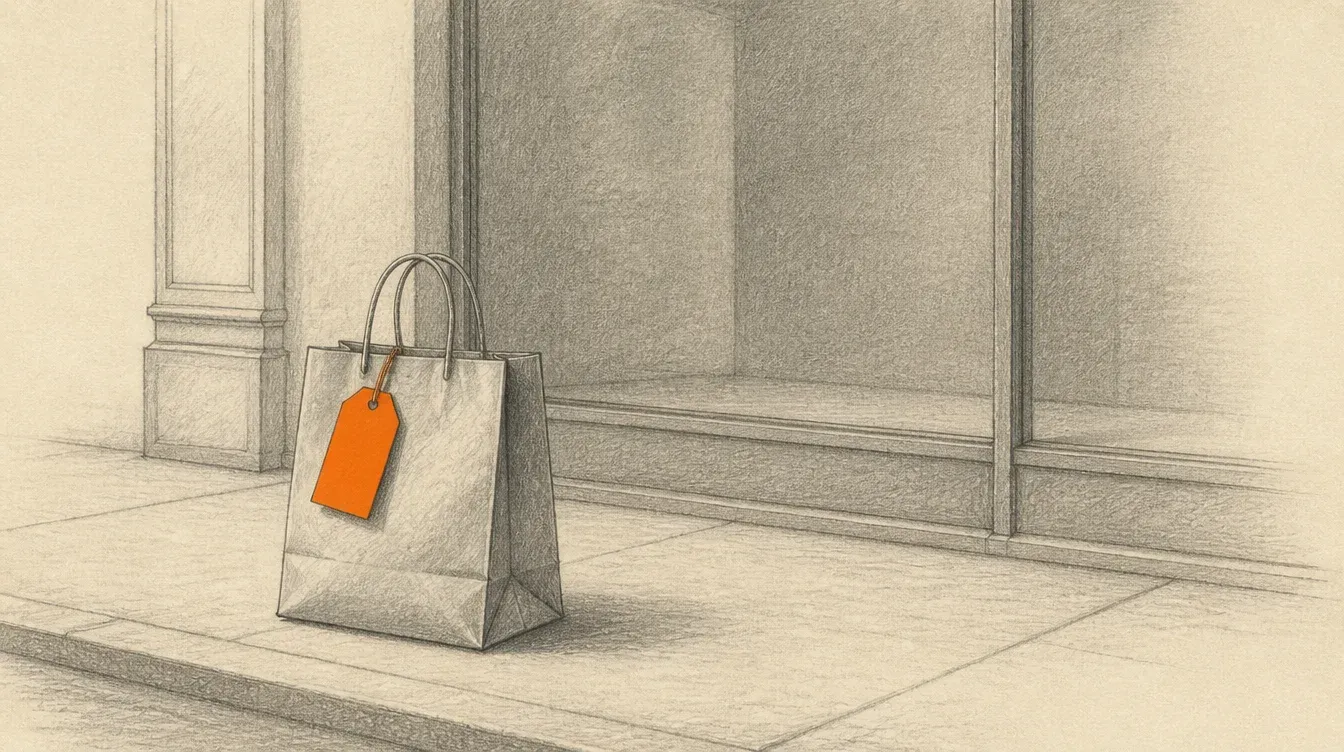 Una ilustración en grafito de una sola bolsa de compras bajo una etiqueta de descuento enorme, alejándose de un local que queda gris y vacío