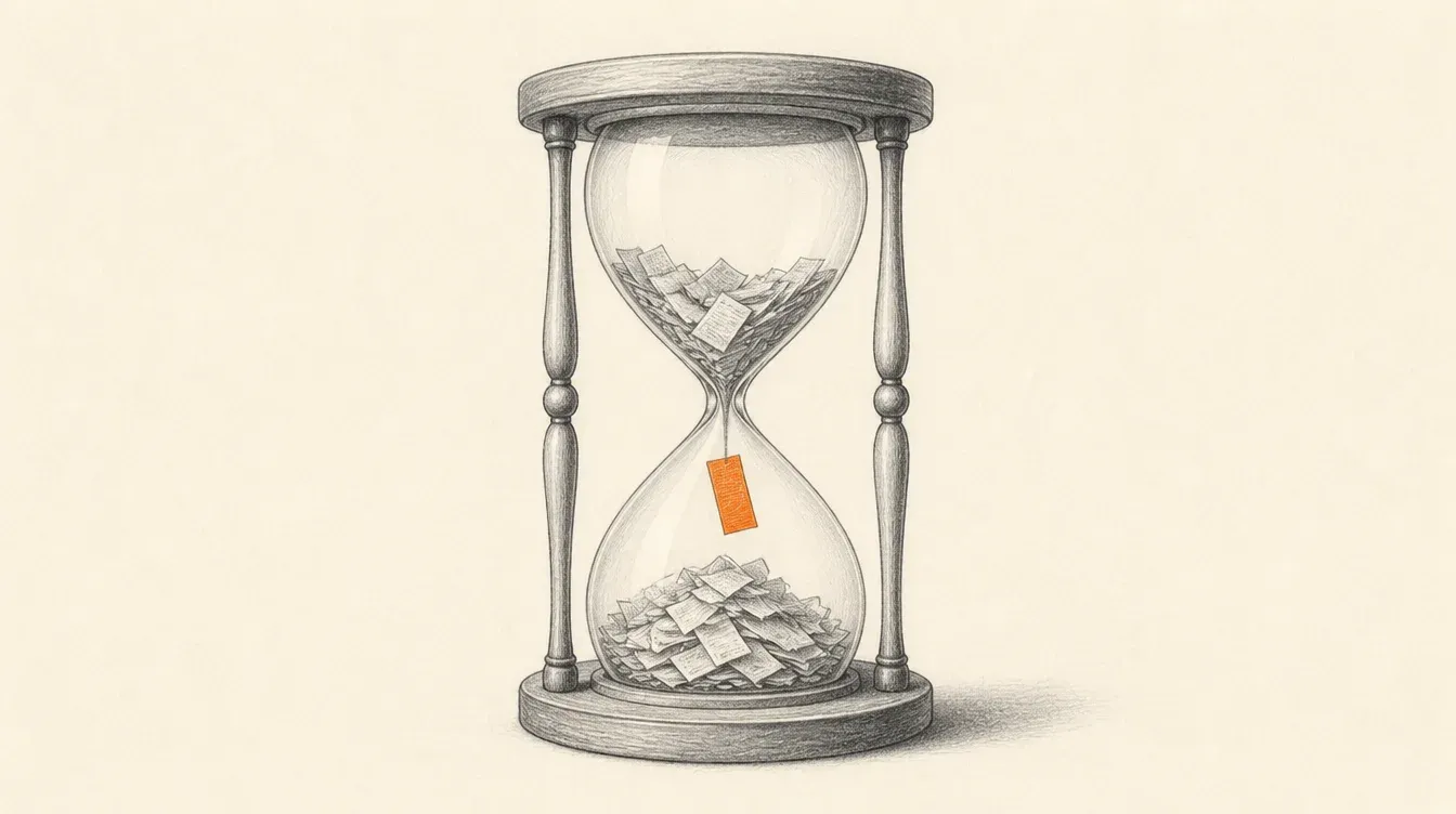 A graphite hourglass with a solid orange payment voucher falling from one bulb to the other instead of sand