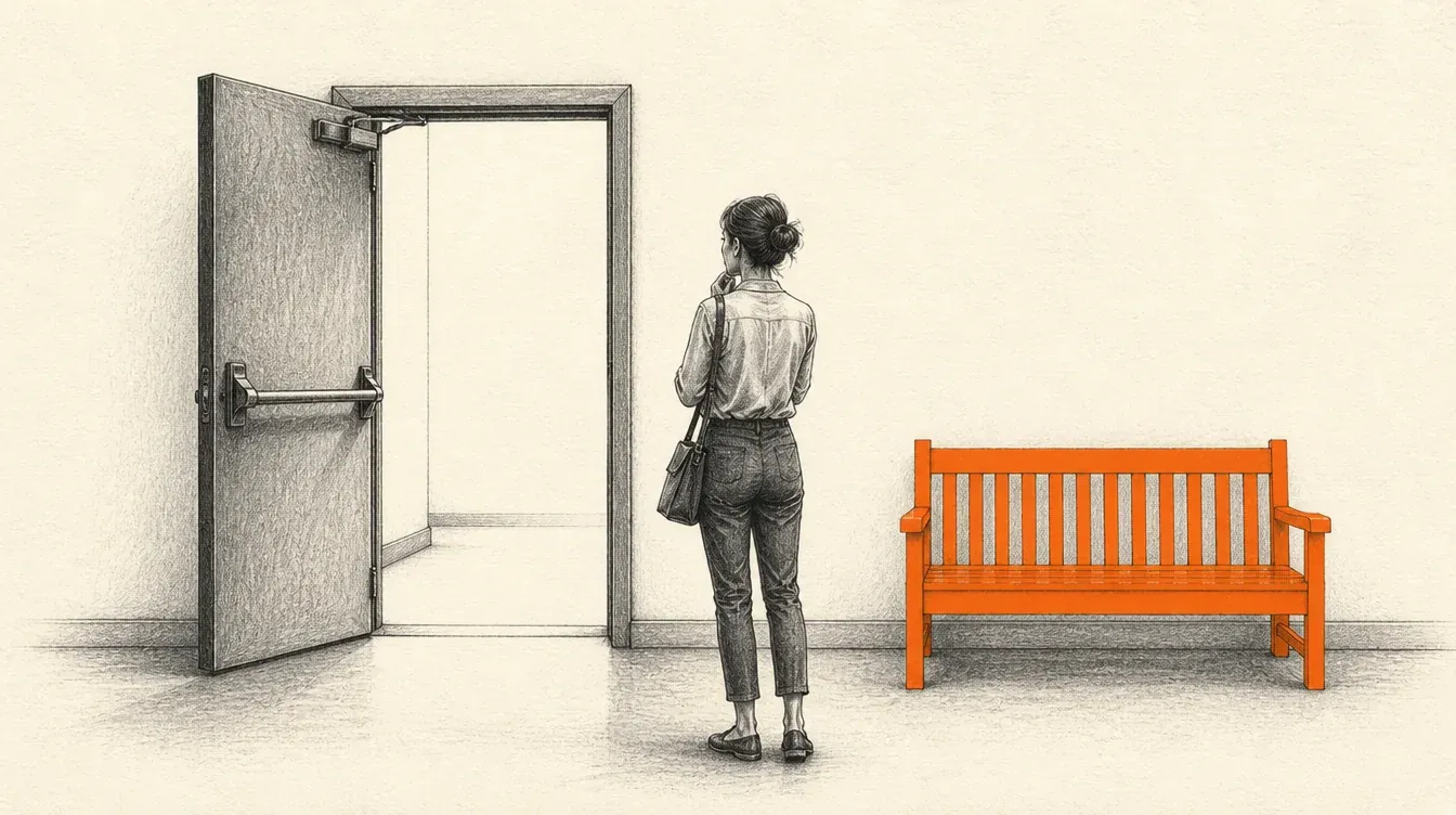 Una mujer duda entre una puerta de salida abierta y un banco que la invita a sentarse a esperar