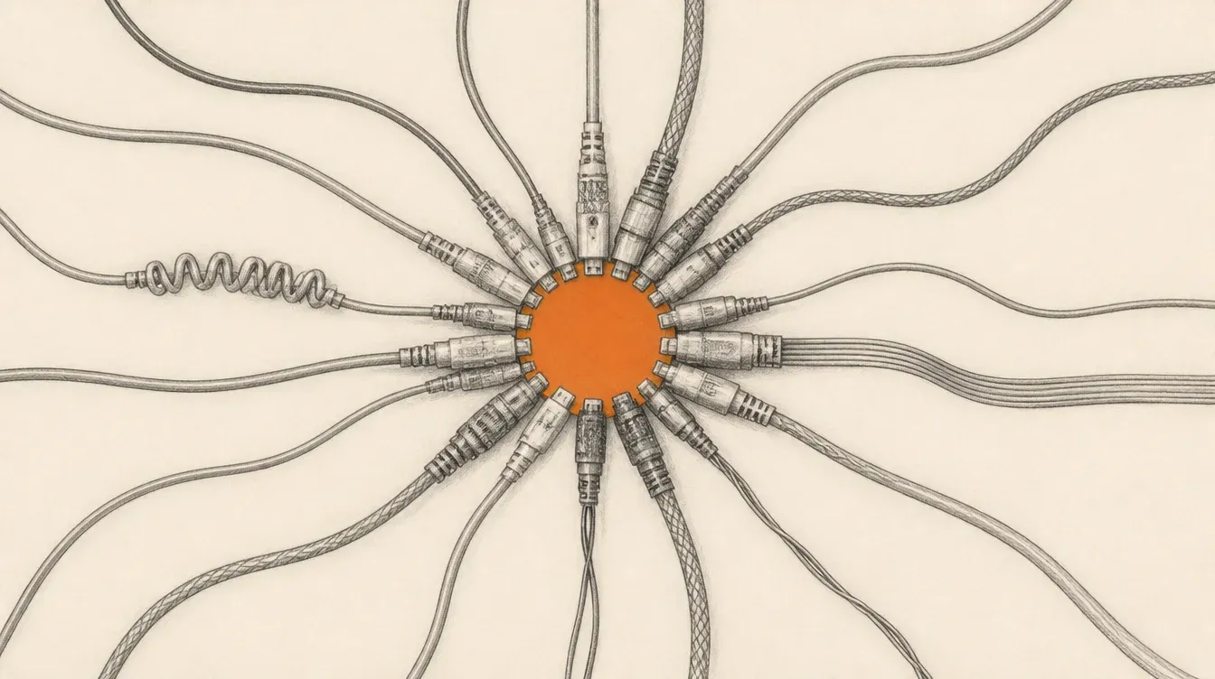 Graphite drawing of many cables converging into a single orange central node
