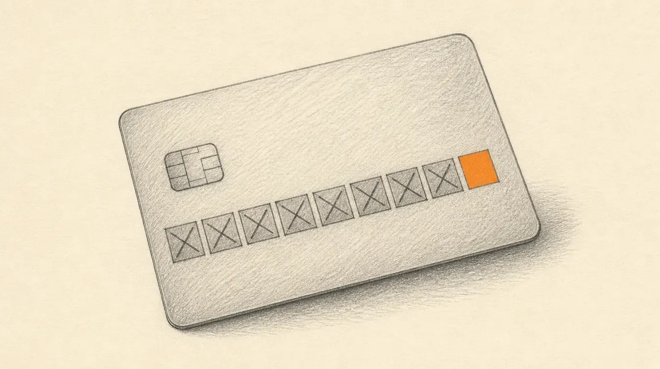 A grey credit card with a strip of installment boxes, most crossed out in grey and a single one filled solid orange marking the free credit limit