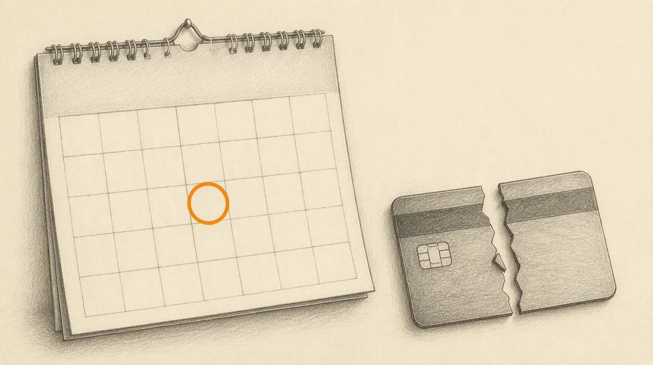 Un calendario en grafito con una fecha marcada por un círculo en naranja sólido, y una tarjeta de crédito partiéndose a su lado