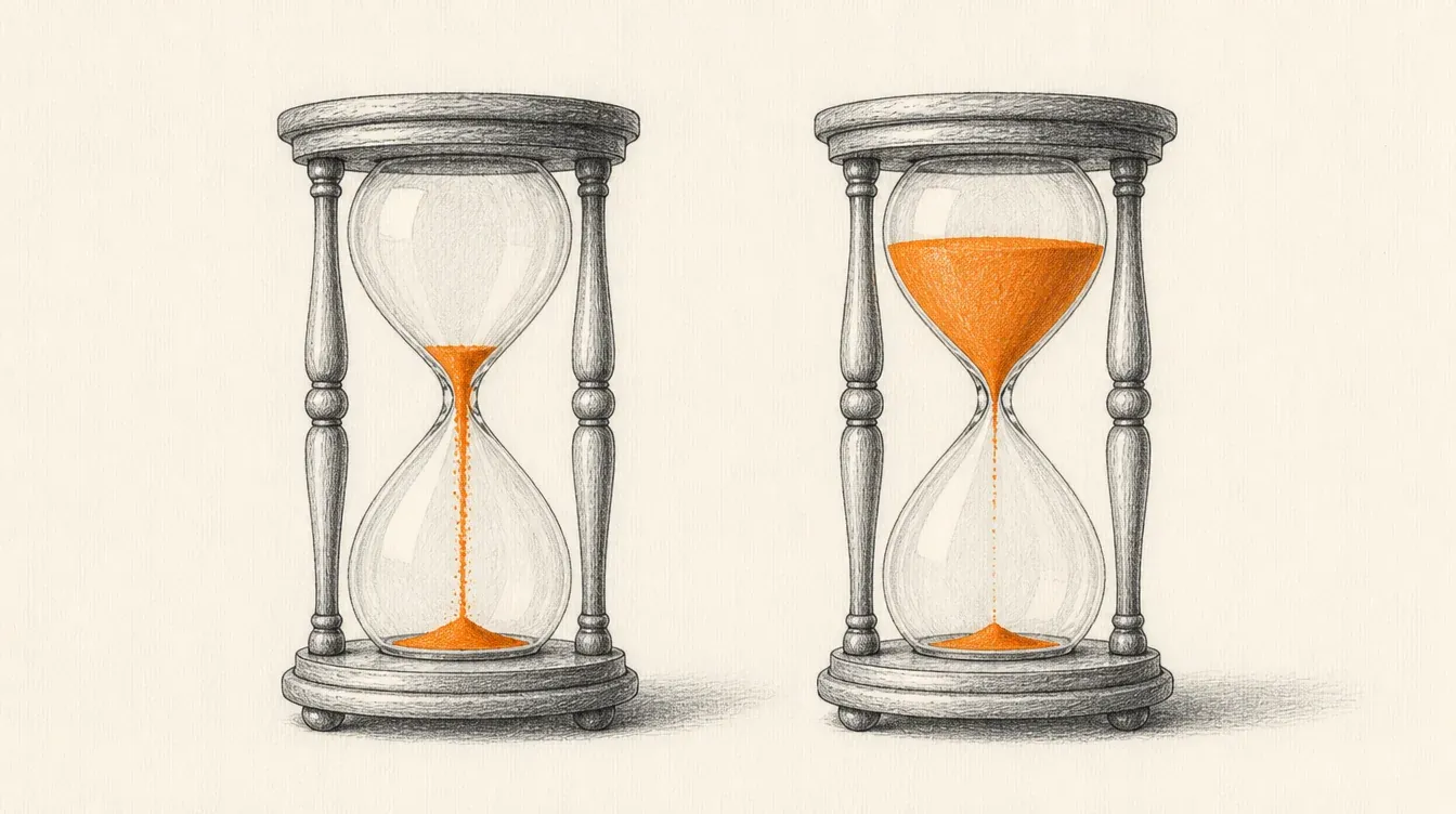 Dos relojes de arena iguales, uno casi vacío con la arena cayendo rápido y otro casi lleno con la arena apenas moviéndose