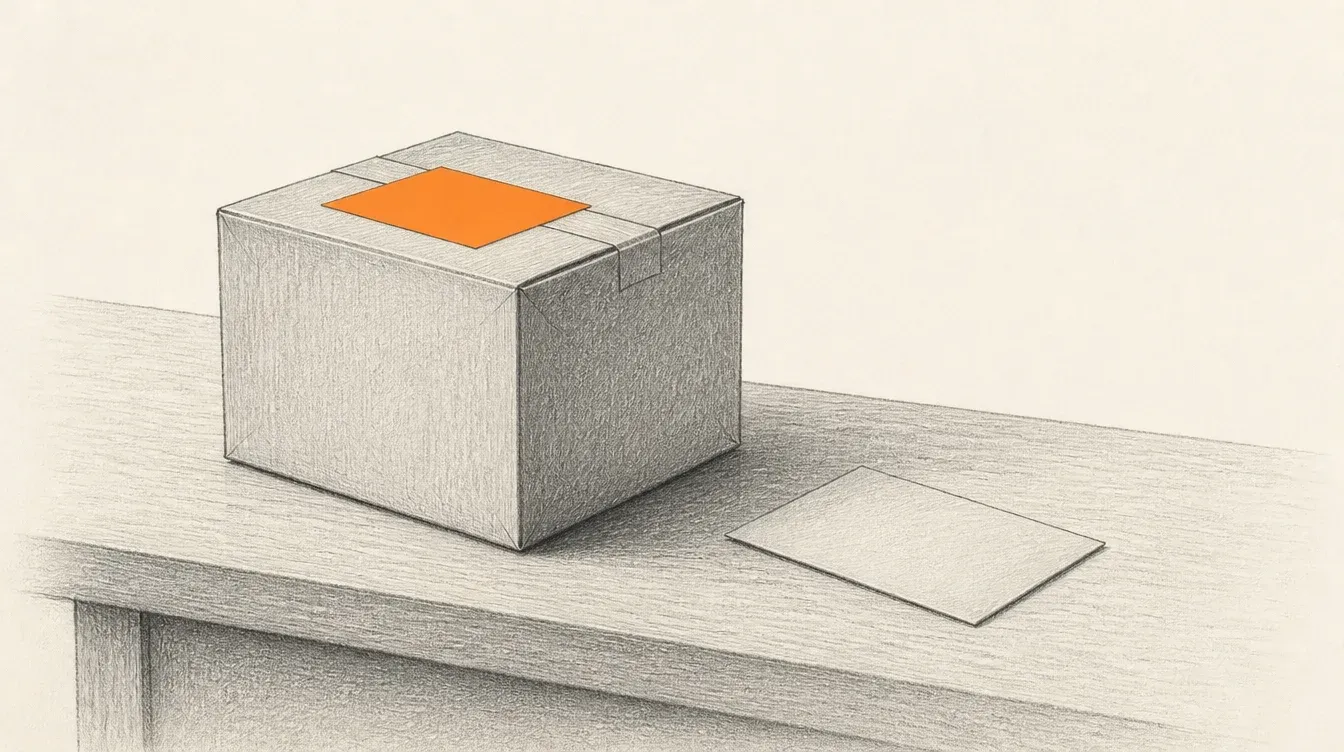 A graphite shipping box with a solid orange shipping label clearly visible, next to a second blank label lying face down on the table