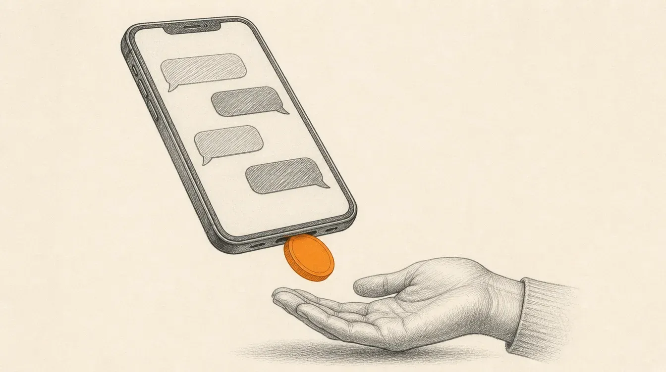 Un teléfono celular en grafito con la pantalla de chat en un lado y una moneda naranja sólida saliendo de la pantalla hacia el otro lado, representando el pago que ocurre fuera de la conversación