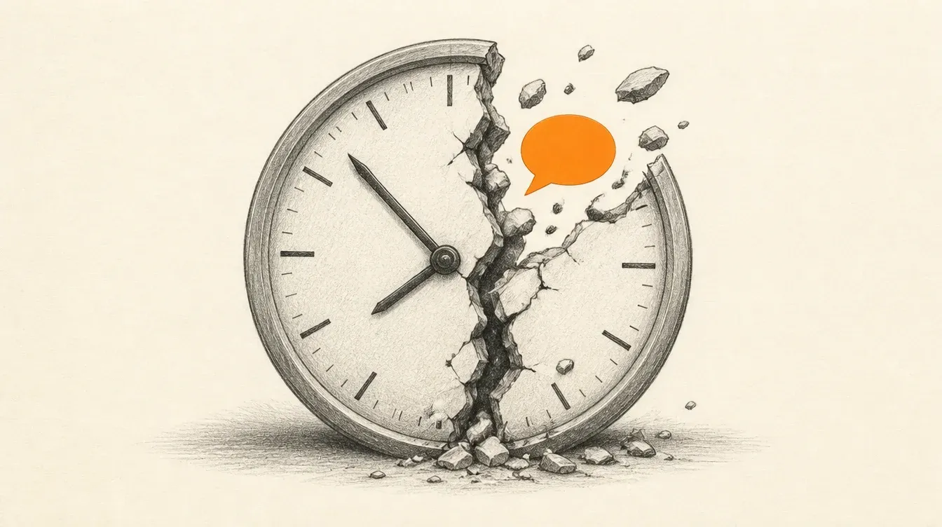 La esfera de un reloj analógico en grafito agrietándose, con una sola burbuja de chat en naranja sólido escapando por la grieta
