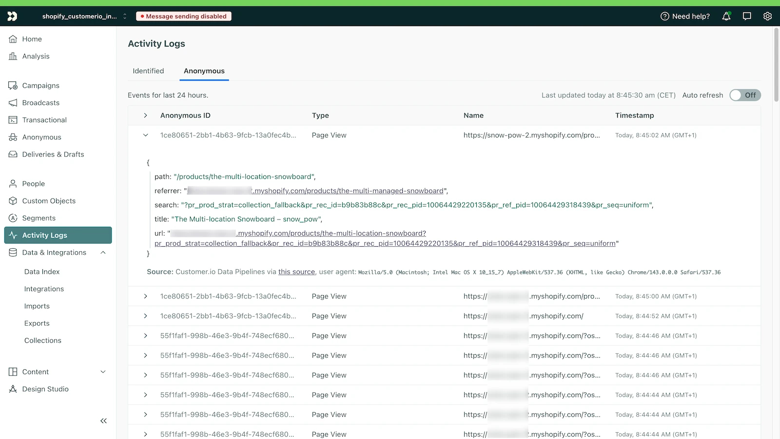 Activity Logs de Customer.io en la pestaña Anonymous, con eventos Page View de visitantes anónimos de una tienda Shopify.