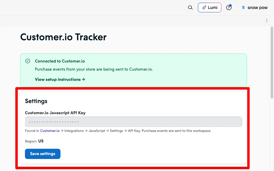 Panel de configuración de la app Customer.io Tracker en el administrador de Tiendanube, con el campo de API Key y la región detectada debajo.